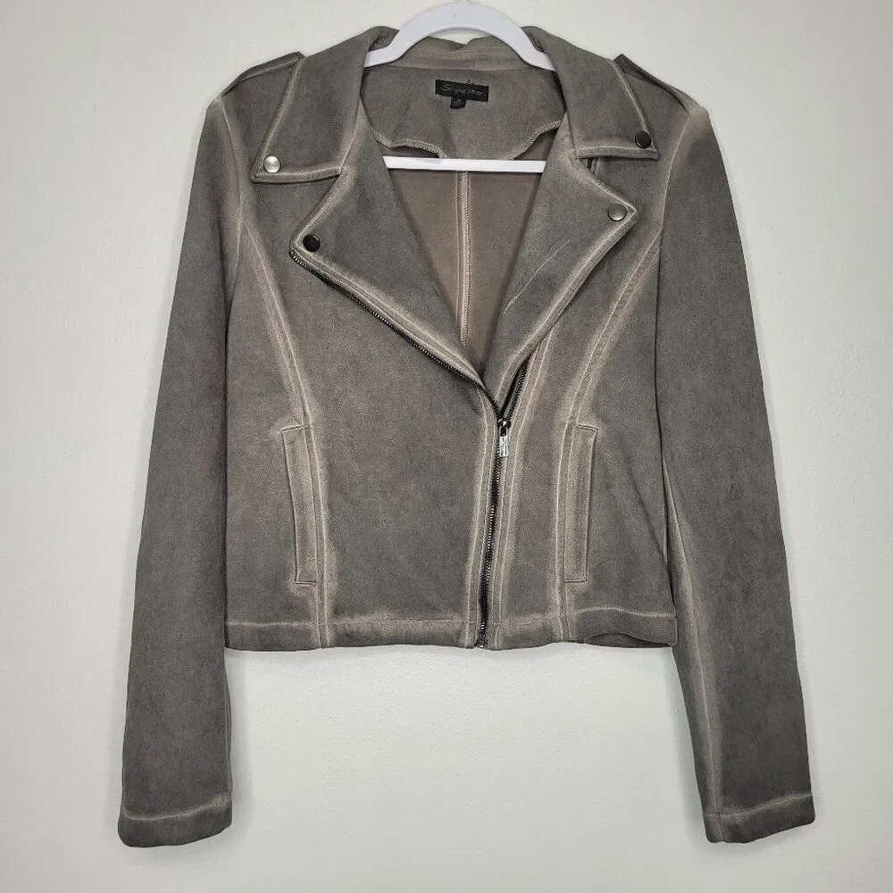 Shinestar gray brown moto side zip grunge going out drop jacket size medium